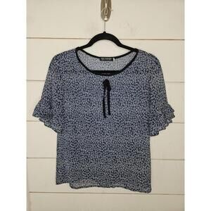 New Fashion Medium blue & white floral pull over sheer blouse